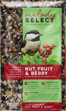 Product Description: A nut and fruit blend to provide a high energy source to migrating birds and to attract a greater diversity of species.</br></br>For allergy concerns</br></br>Ingredients</br></br>Sunflower Seed, Peanuts, Safflower Seed, Mixed Feed Nuts, Raisins, Dried Papaya, Dried Cherries, Calcium Carbonate, Mineral Oil, Vitamin A, Vitamin E, Riboflavin, D-Calcium Pantothenate, Vitamin B12, Biotin, Zinc Proteinate, Manganese Proteinate, Copper Proteinate, Calcium Iodate, DL-Methionine, Dicalcium Phosphate, Flax Oil, Mixed Tocopherols.</br> 4.5 lb Nut Fruit and Berry Mix